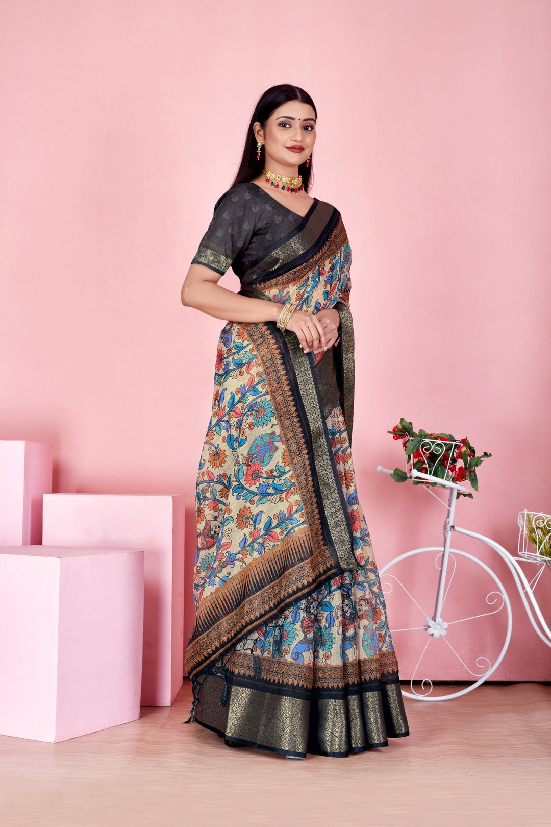 Elegant Beige Linen Cotton Floral Saree with Woven Jacquard