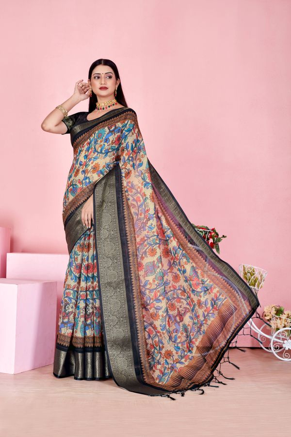 Elegant Beige Linen Cotton Floral Saree with Woven Jacquard