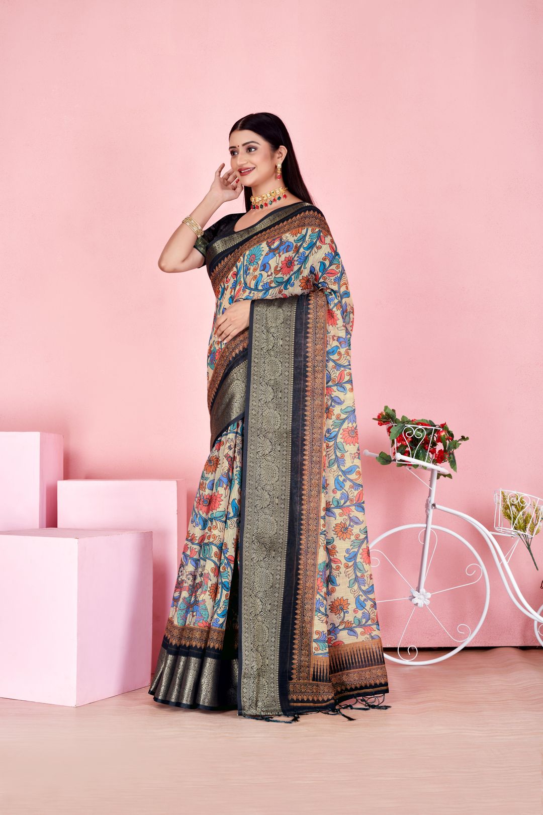 Elegant Beige Linen Cotton Floral Saree with Woven Jacquard