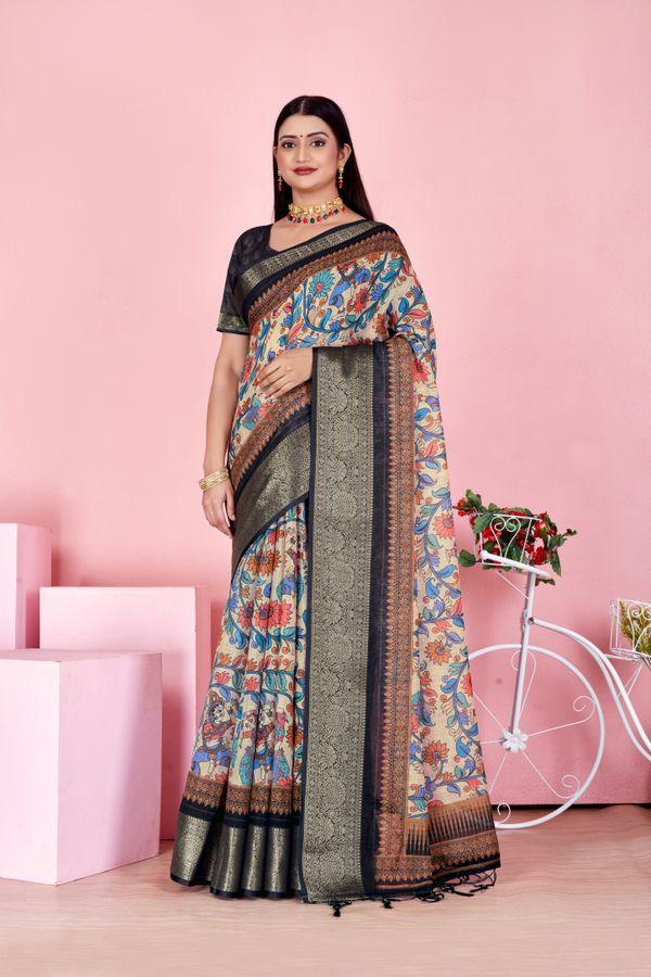 Elegant Beige Linen Cotton Floral Saree with Woven Jacquard