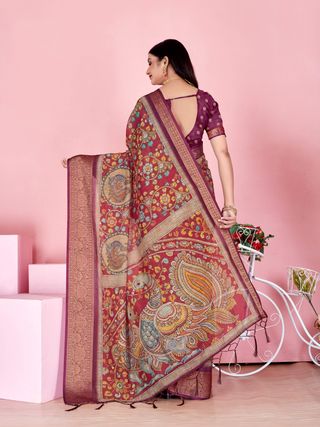 Maroon Floral Linen Cotton Saree with Woven Jacquard Border
