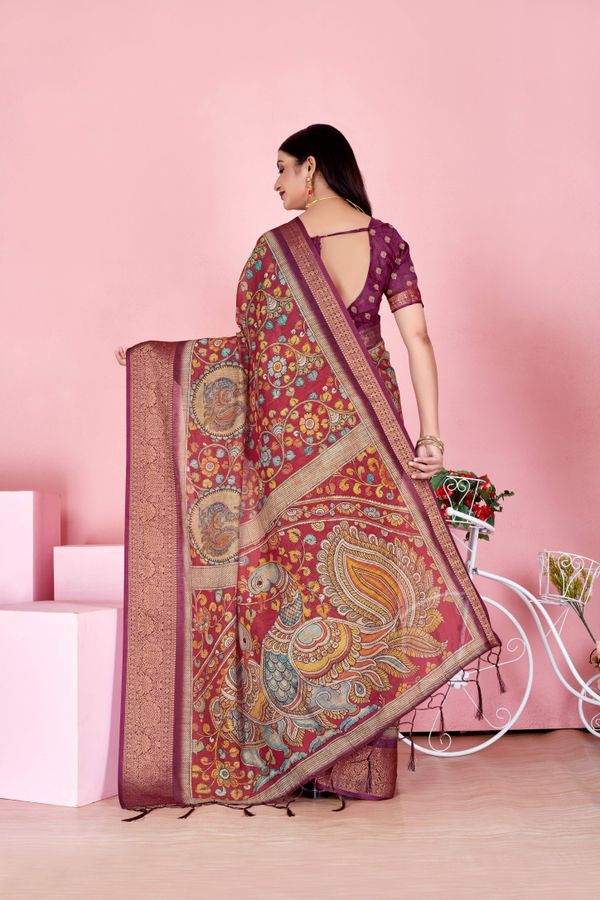Maroon Floral Linen Cotton Saree with Woven Jacquard Border