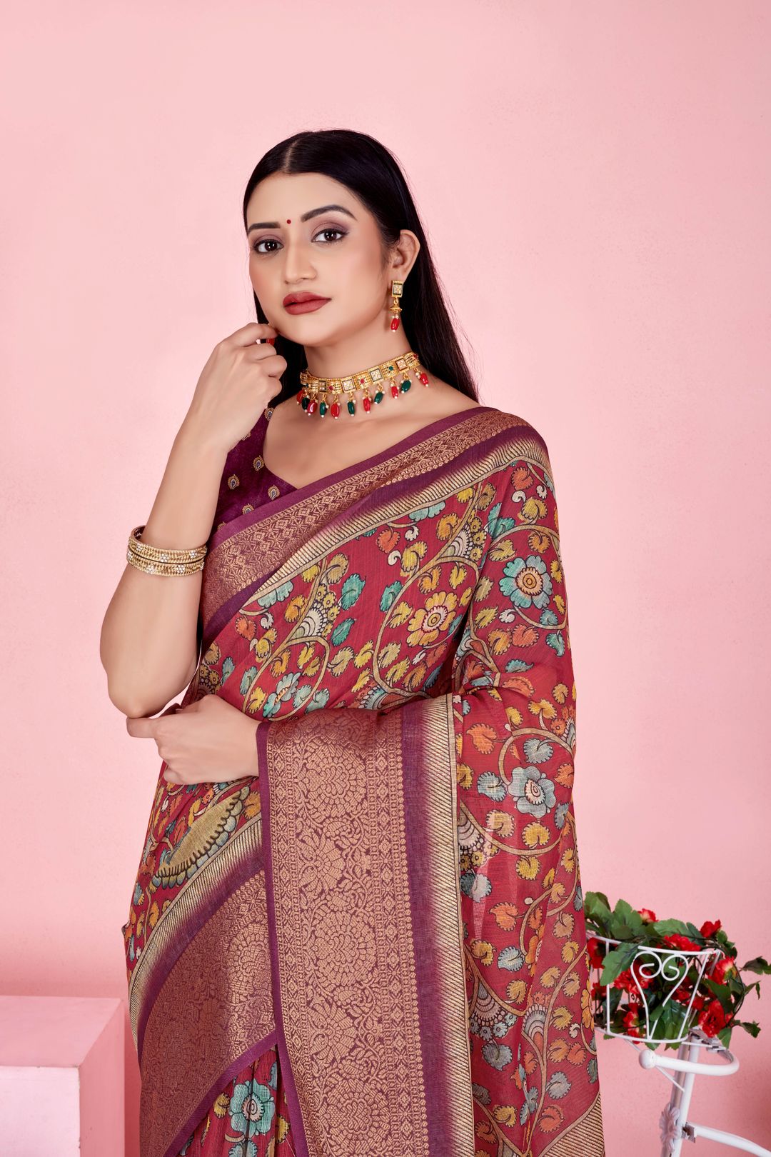 Maroon Floral Linen Cotton Saree with Woven Jacquard Border