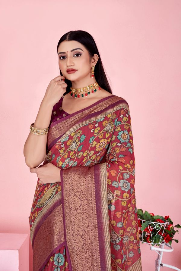 Maroon Floral Linen Cotton Saree with Woven Jacquard Border