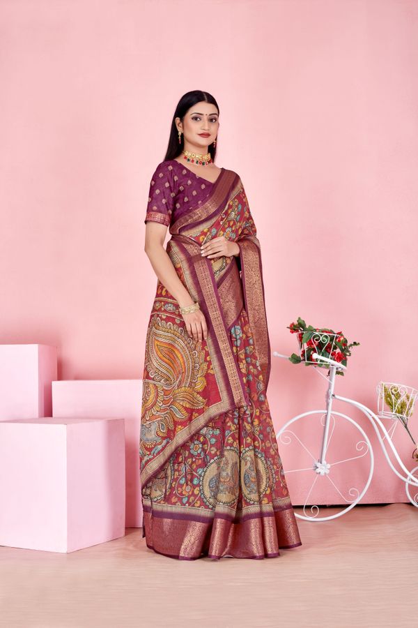 Maroon Floral Linen Cotton Saree with Woven Jacquard Border