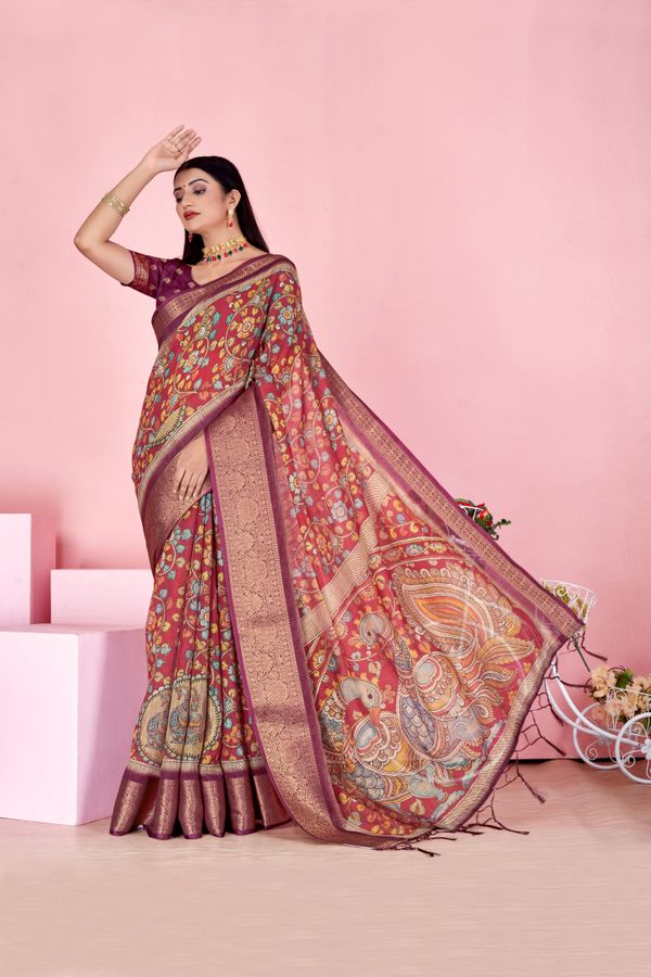 Maroon Floral Linen Cotton Saree with Woven Jacquard Border