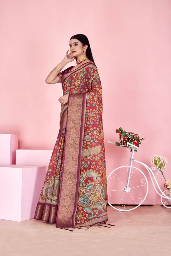 Maroon Floral Linen Cotton Saree with Woven Jacquard Border