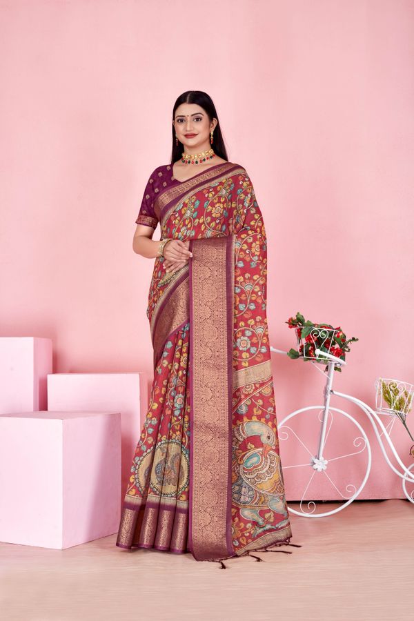 Maroon Floral Linen Cotton Saree with Woven Jacquard Border