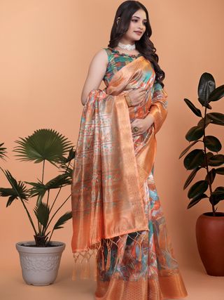 Rust Orange Crystal Blend Printed Saree with Woven Border