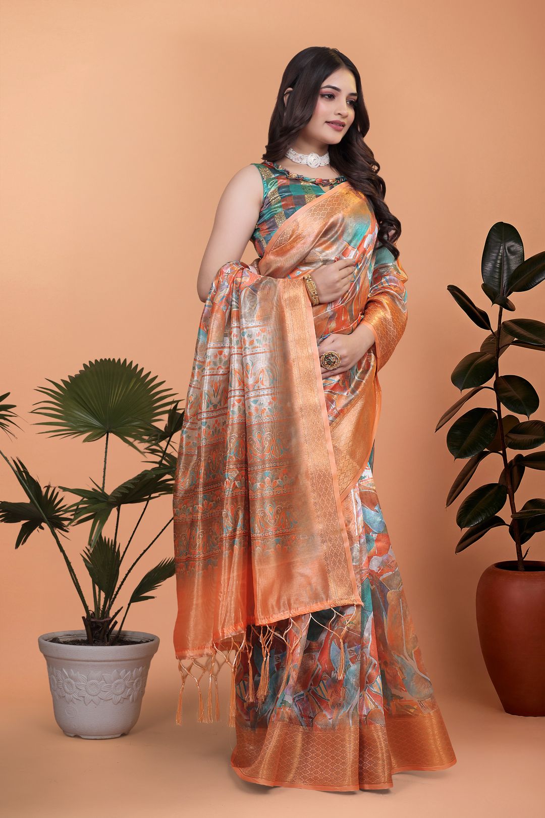 Rust Orange Crystal Blend Printed Saree with Woven Border