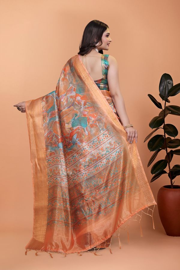 Rust Orange Crystal Blend Printed Saree with Woven Border