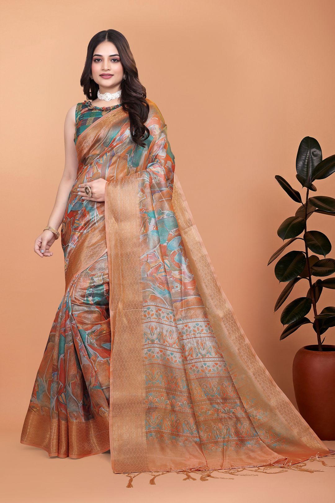 Rust Orange Crystal Blend Printed Saree with Woven Border