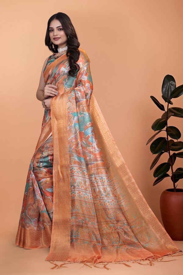 Rust Orange Crystal Blend Printed Saree with Woven Border