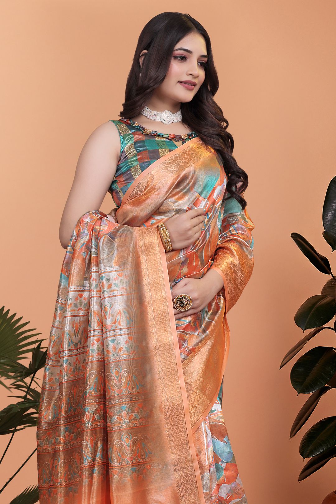 Rust Orange Crystal Blend Printed Saree with Woven Border
