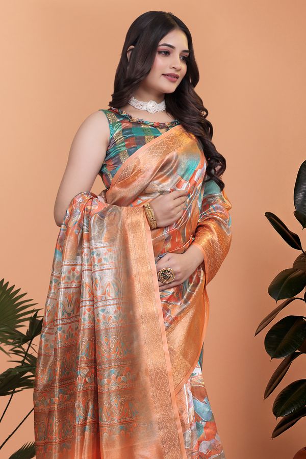 Rust Orange Crystal Blend Printed Saree with Woven Border