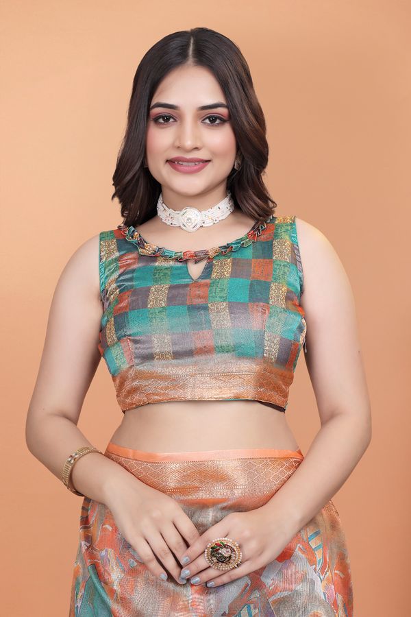 Rust Orange Crystal Blend Printed Saree with Woven Border