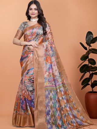 Artistic Multicolor Crystal Blend Saree with Golden Borders