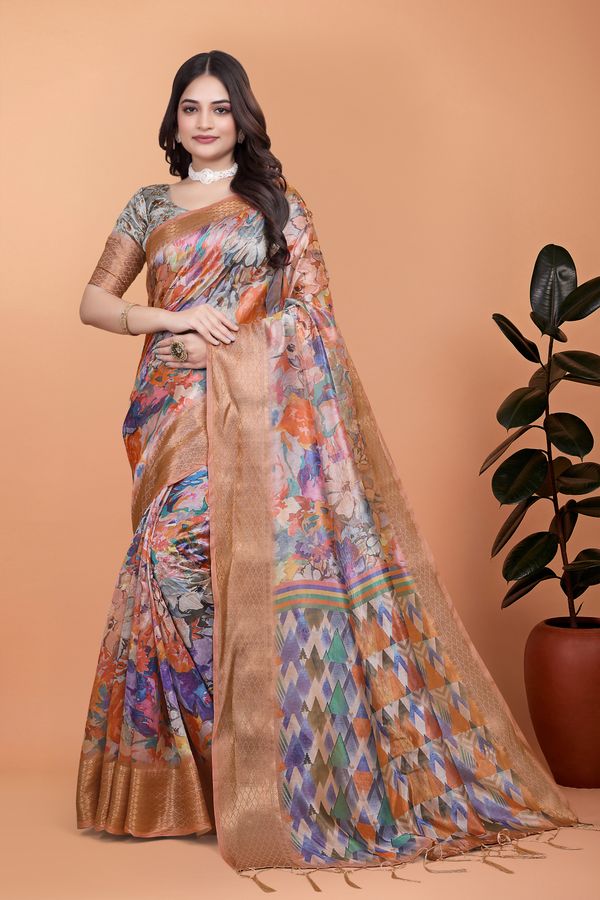 Artistic Multicolor Crystal Blend Saree with Golden Borders