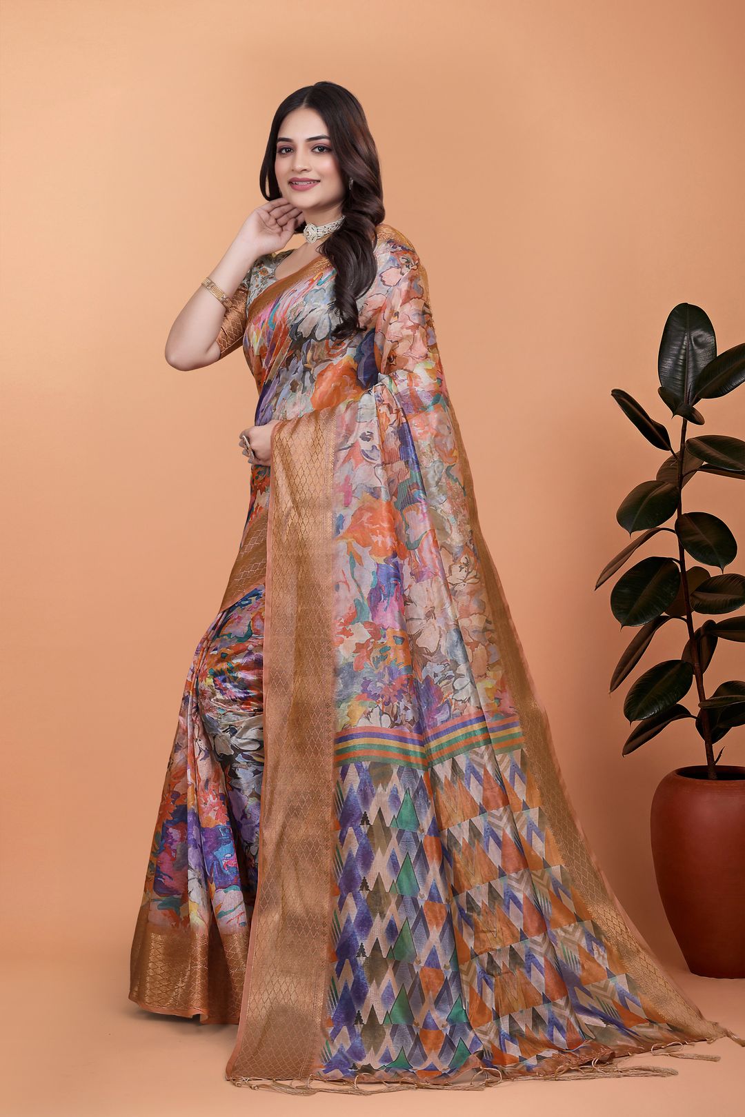 Artistic Multicolor Crystal Blend Saree with Golden Borders