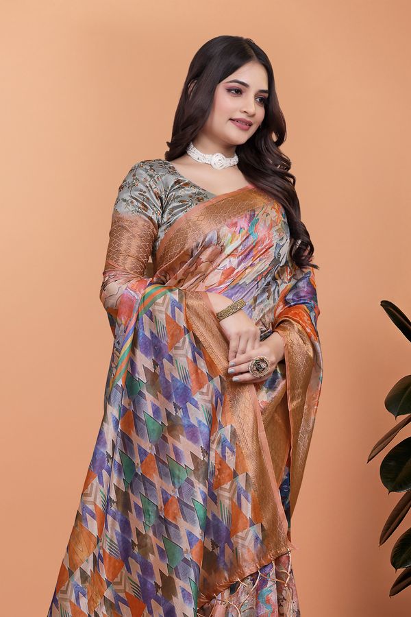 Artistic Multicolor Crystal Blend Saree with Golden Borders