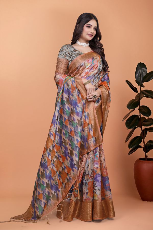 Artistic Multicolor Crystal Blend Saree with Golden Borders