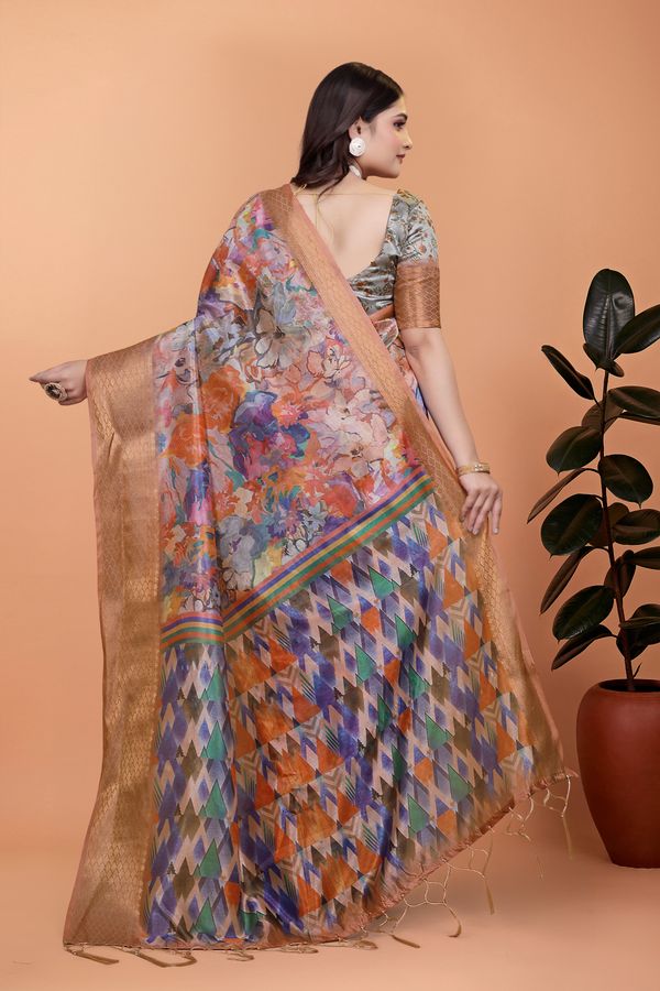 Artistic Multicolor Crystal Blend Saree with Golden Borders