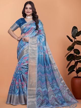 Elegant Blue Crystal Blend Saree with Floral Print & Border