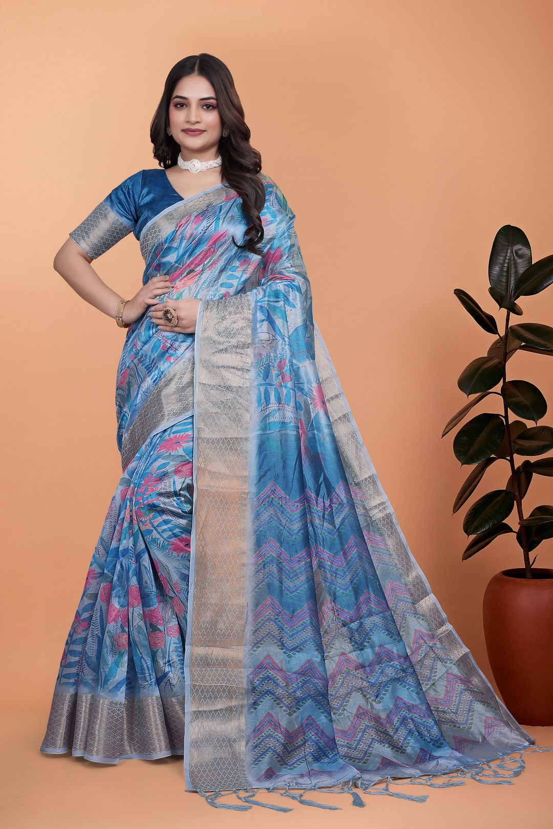 Elegant Blue Crystal Blend Saree with Floral Print & Border