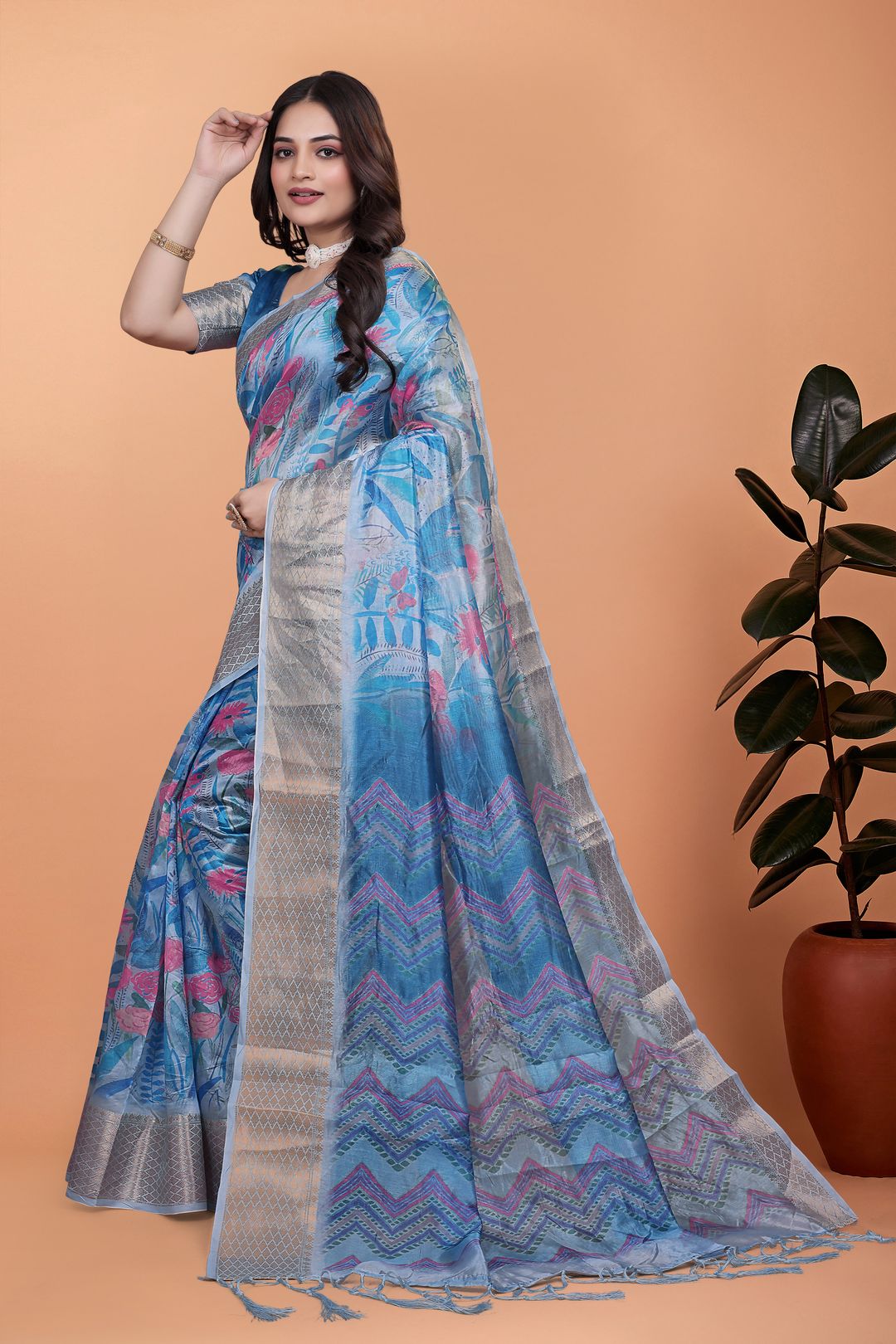 Elegant Blue Crystal Blend Saree with Floral Print & Border