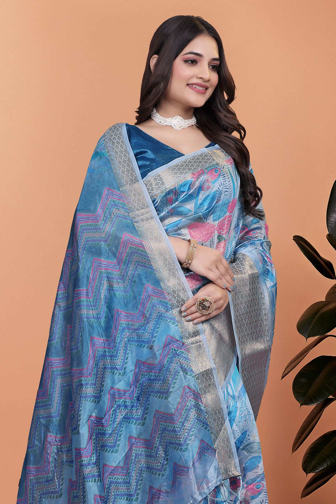 Elegant Blue Crystal Blend Saree with Floral Print & Border