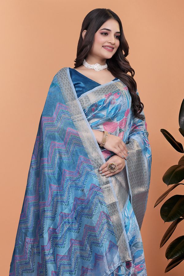 Elegant Blue Crystal Blend Saree with Floral Print & Border