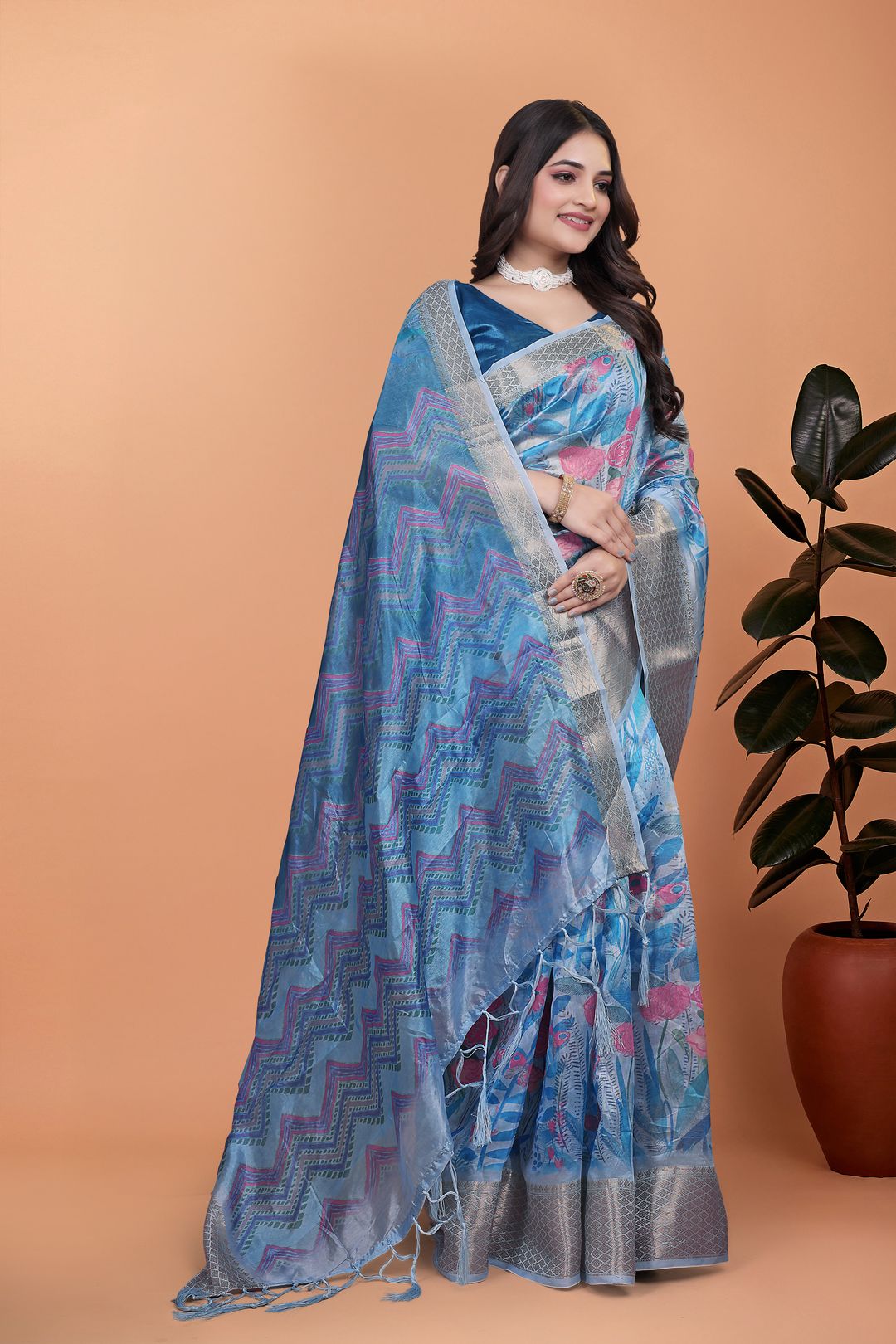 Elegant Blue Crystal Blend Saree with Floral Print & Border