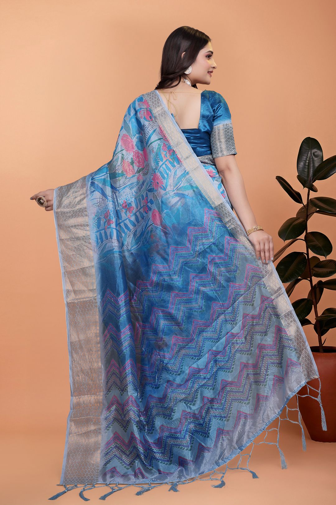 Elegant Blue Crystal Blend Saree with Floral Print & Border