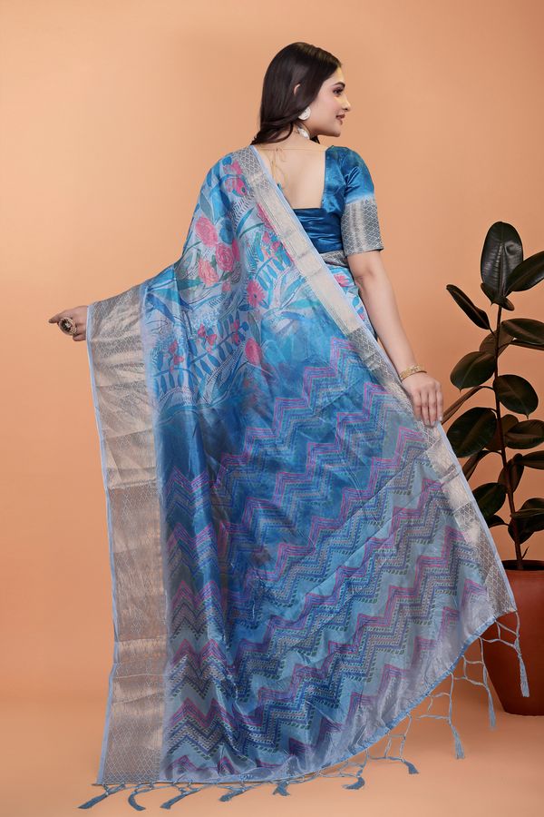 Elegant Blue Crystal Blend Saree with Floral Print & Border