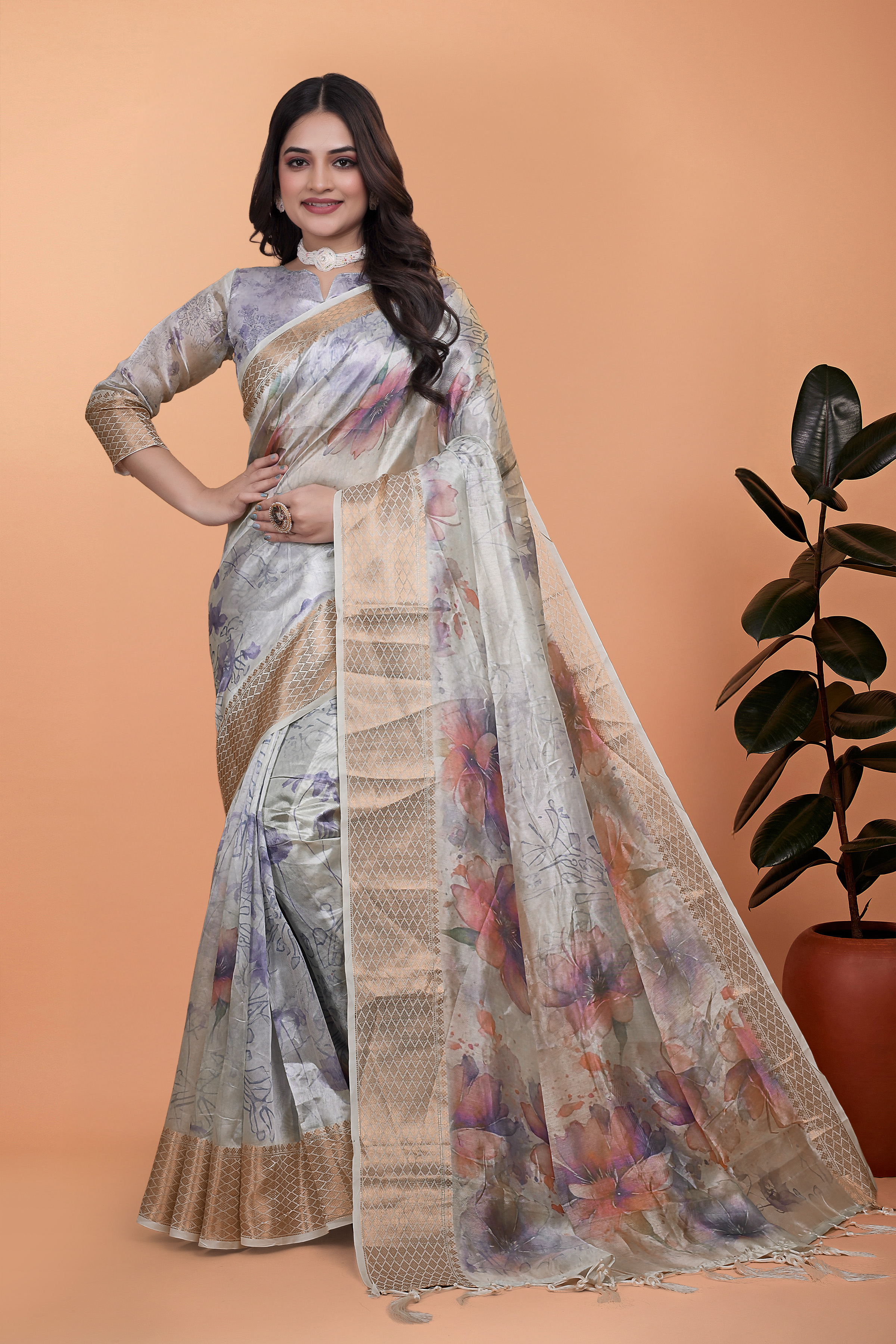 Floral ivory saree