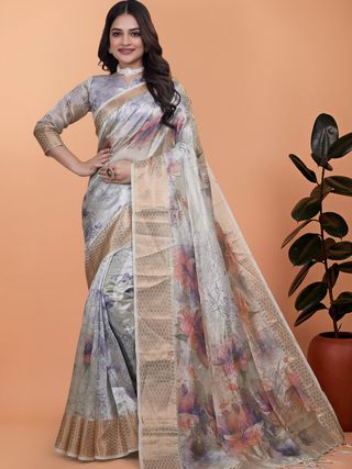 Ivory Floral Crystal Blend Saree with Rose Gold Border