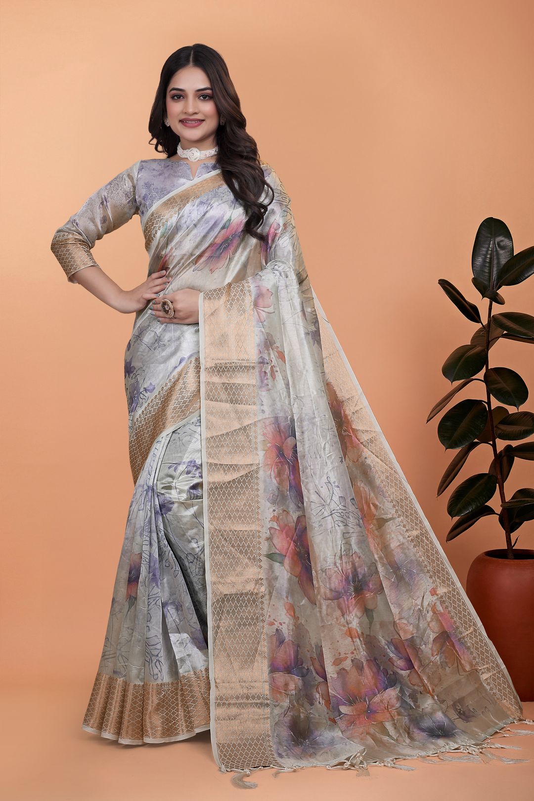 Ivory Floral Crystal Blend Saree with Rose Gold Border