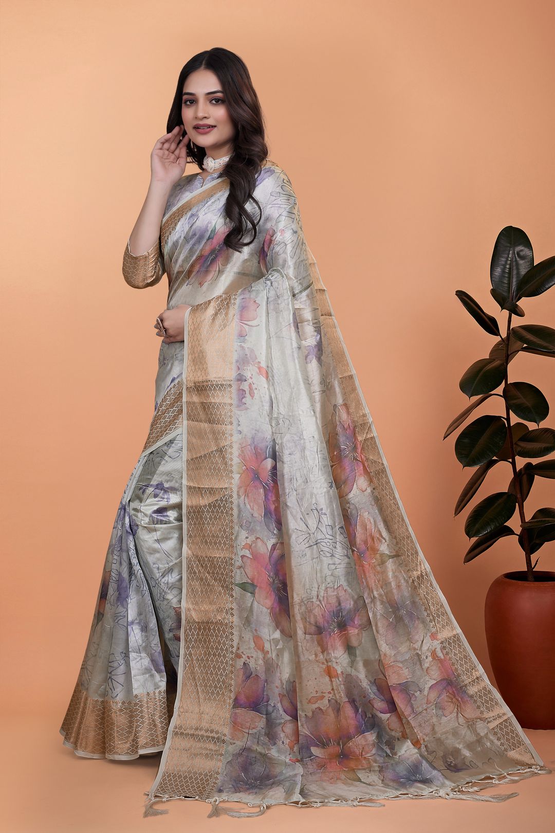 Ivory Floral Crystal Blend Saree with Rose Gold Border