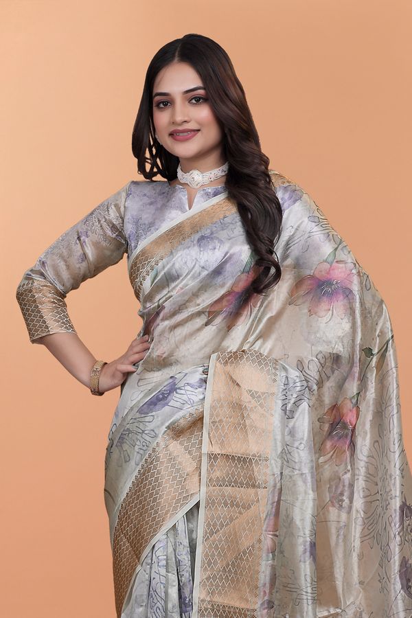 Ivory Floral Crystal Blend Saree with Rose Gold Border