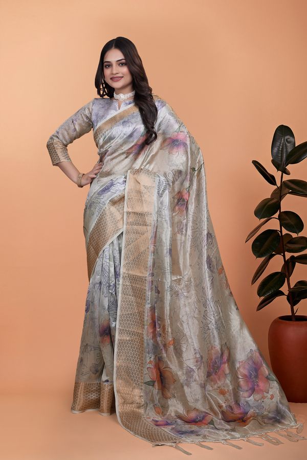Ivory Floral Crystal Blend Saree with Rose Gold Border