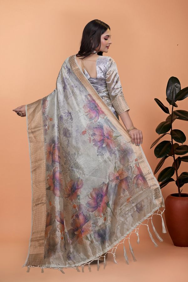 Ivory Floral Crystal Blend Saree with Rose Gold Border