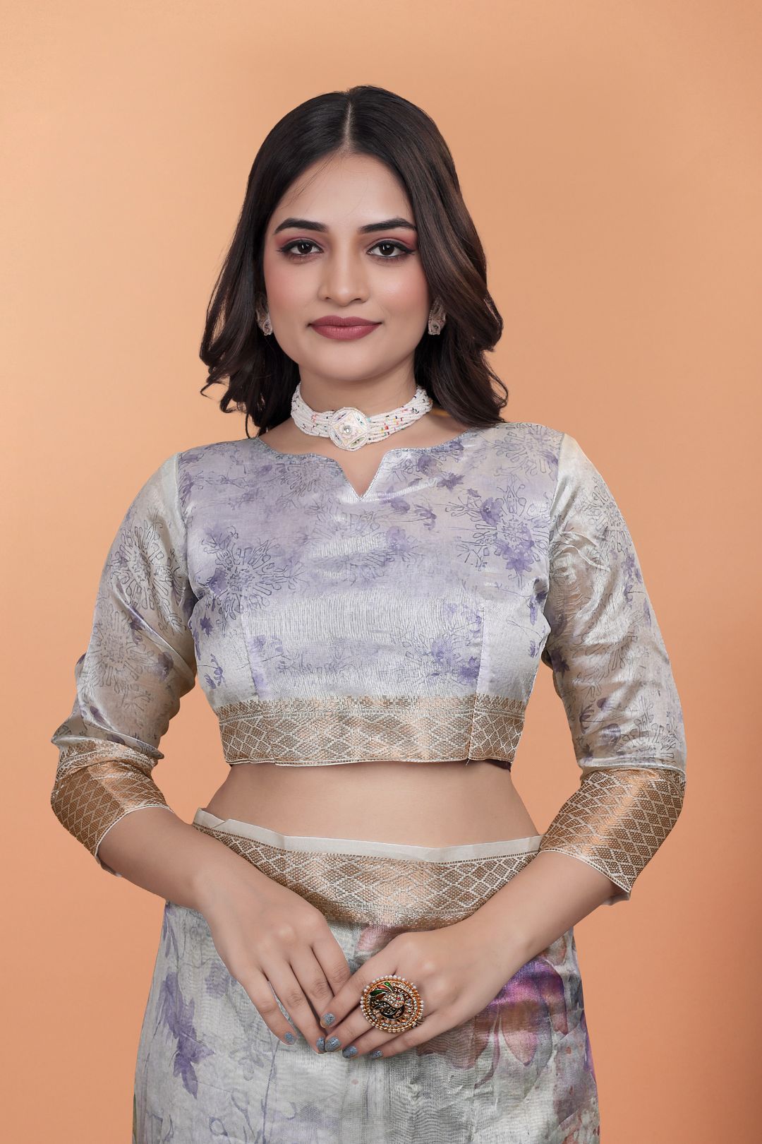 Ivory Floral Crystal Blend Saree with Rose Gold Border