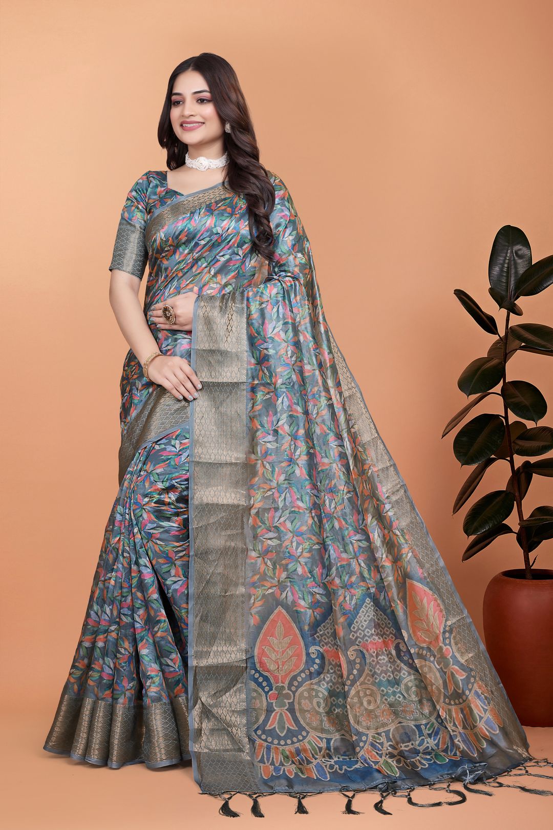 Slate Leaf Print Crystal Blend Saree with Silver Border