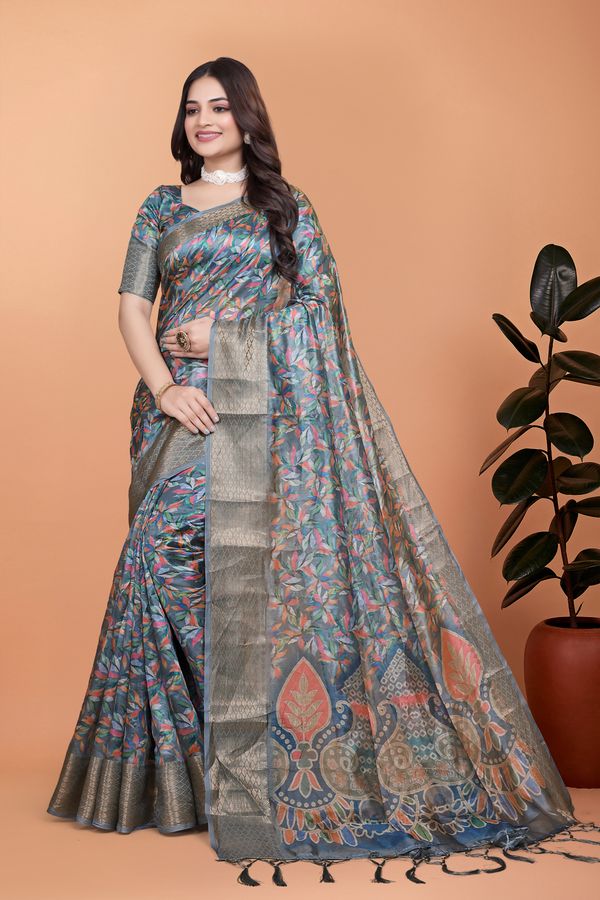 Slate Leaf Print Crystal Blend Saree with Silver Border