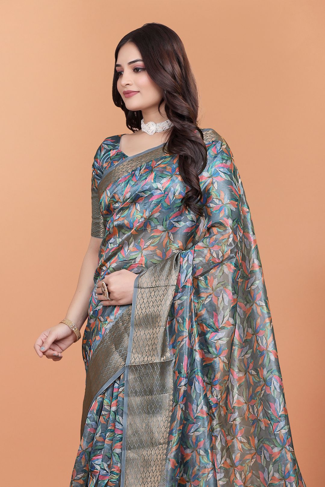 Slate Leaf Print Crystal Blend Saree with Silver Border