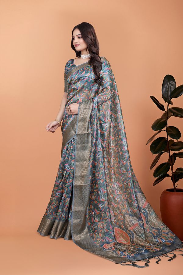 Slate Leaf Print Crystal Blend Saree with Silver Border