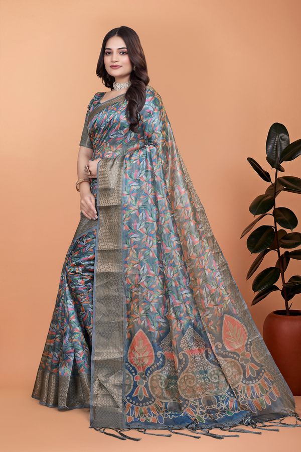 Slate Leaf Print Crystal Blend Saree with Silver Border