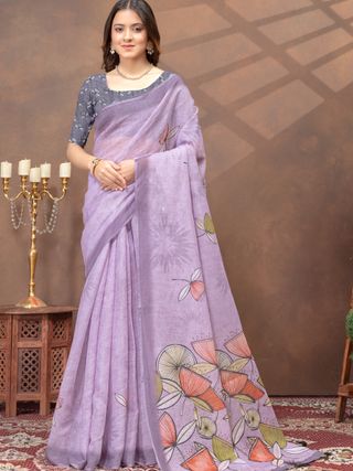 Lavender Floral Linen Cotton Saree with Printed Border