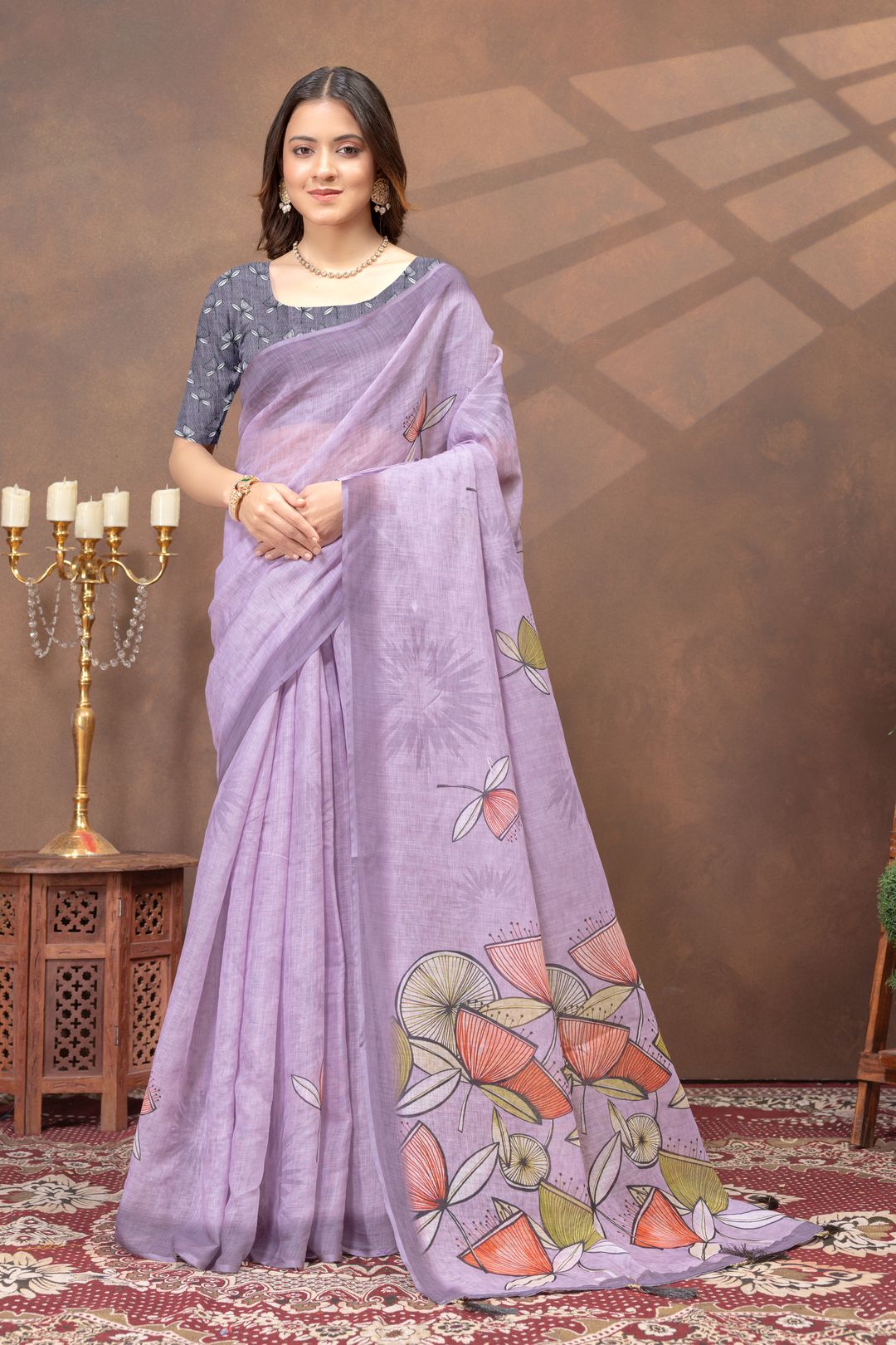 Lavender Floral Linen Cotton Saree with Printed Border