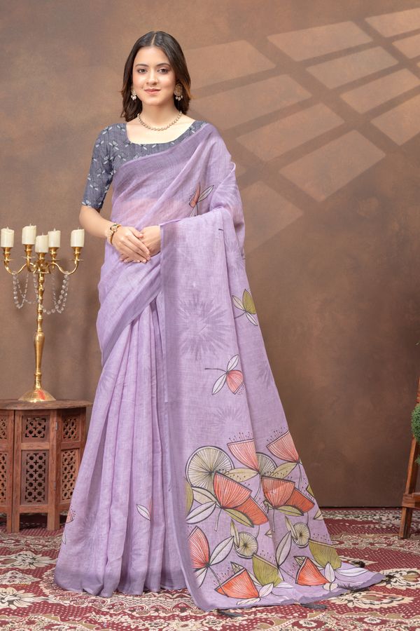 Lavender Floral Linen Cotton Saree with Printed Border